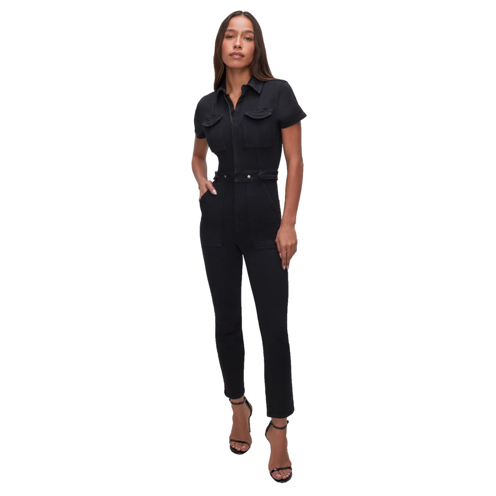 Good American Fit For Success Black Denim Jumpsuit Stretch Utility Womens L NWT
